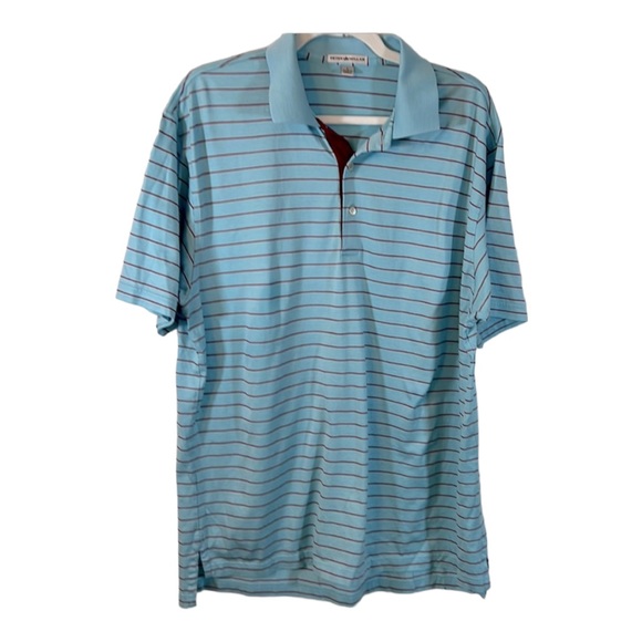 Peter Millar golf polo T-shirt size Large “ceramic” blue with burgundy stripes - Picture 2 of 11
